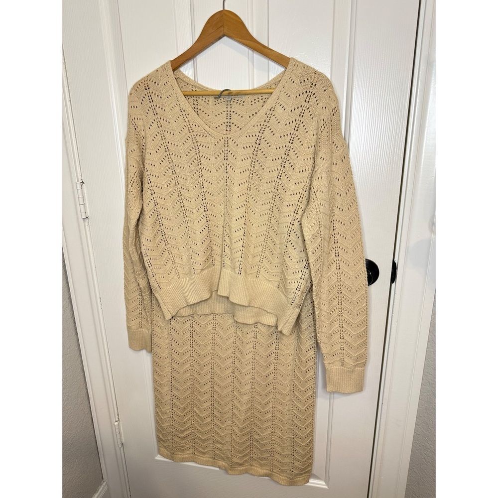 Casa Cabana Creme Chevron Open Knit 2 Piece Long Sleeve + Maxi Skirt Set Sz M